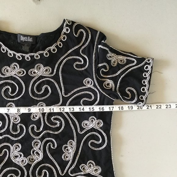 Objects D'Art Blouse Women Small Black White Embroidered Short Sleeve Swirl - Picture 3 of 5
